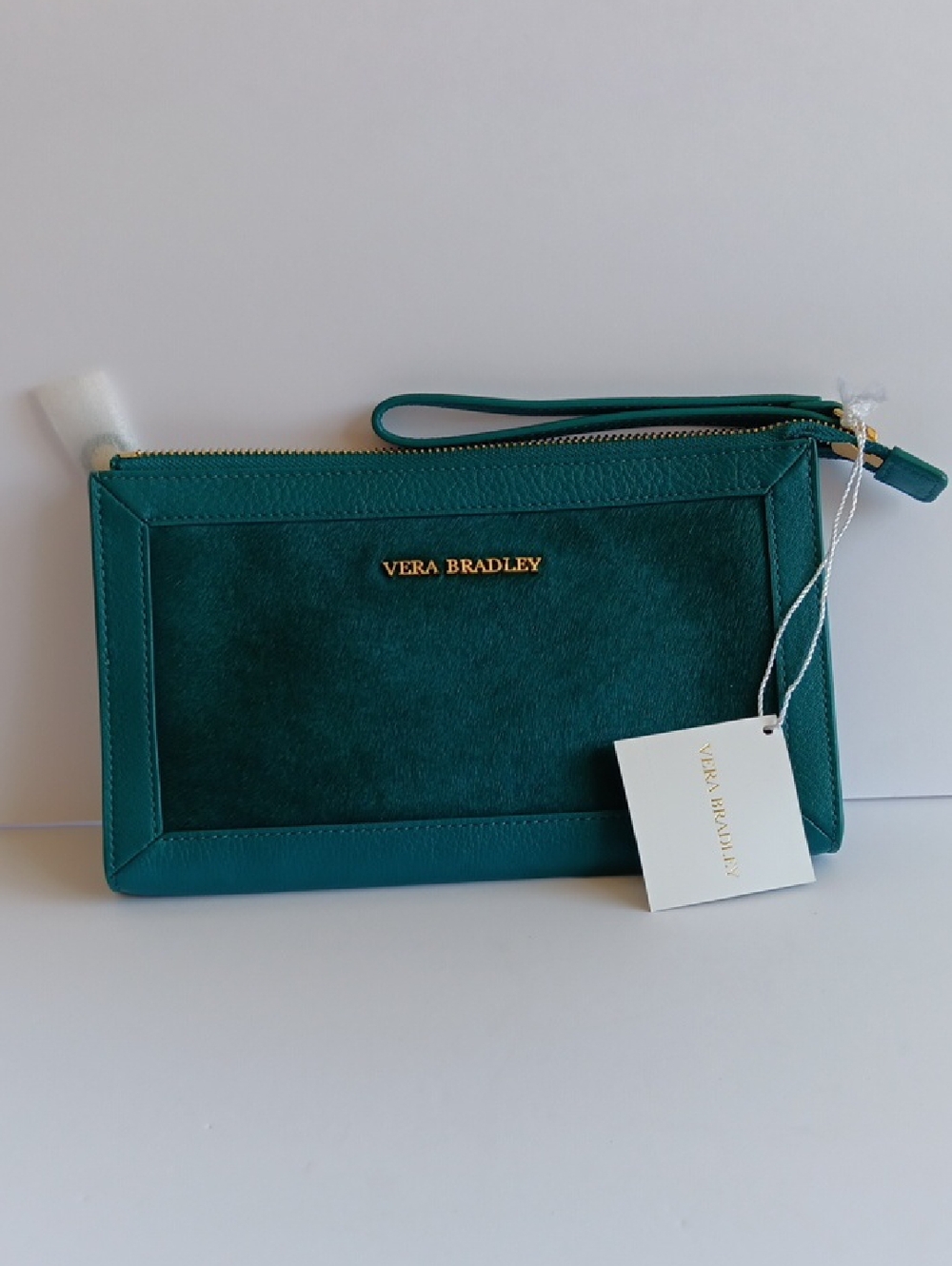 Vera Bradley Dark Teal Leather Calf Hair Wristlet with Gold Logo NWT / Dust Bag